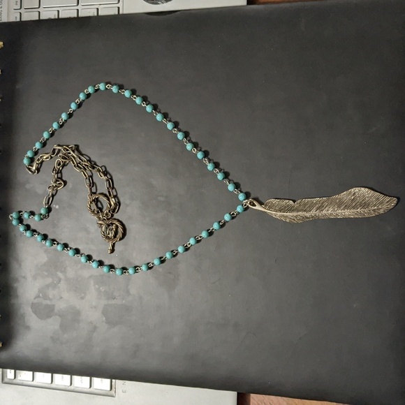 Silver Tone Faux Turquoise Blue Feather Charm Dangle Long Statement Necklace - Picture 2 of 6